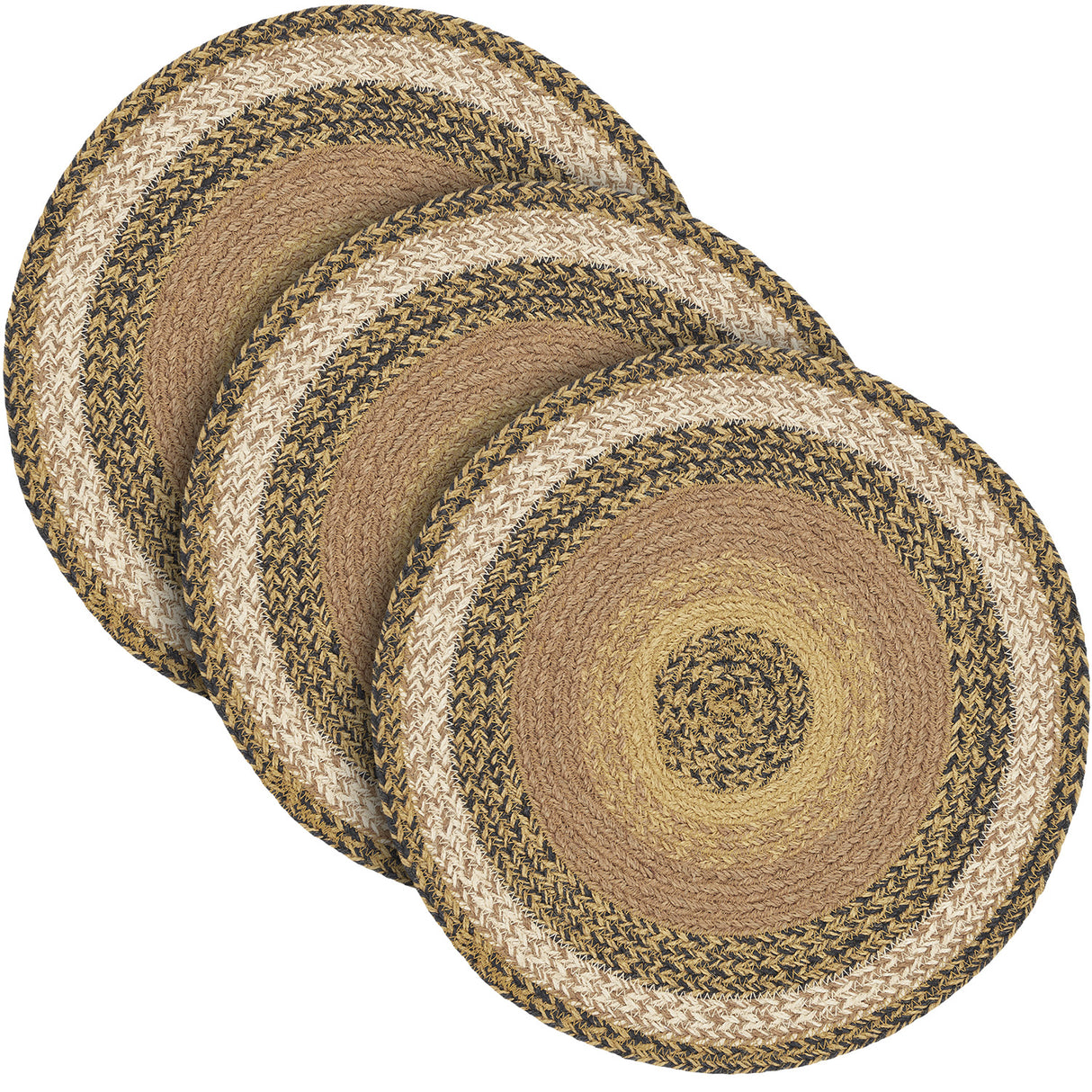 Kettle Grove, Braided Jute Mat Trivet Placemat, Round, Black Tan, 15 inch, Set of 3