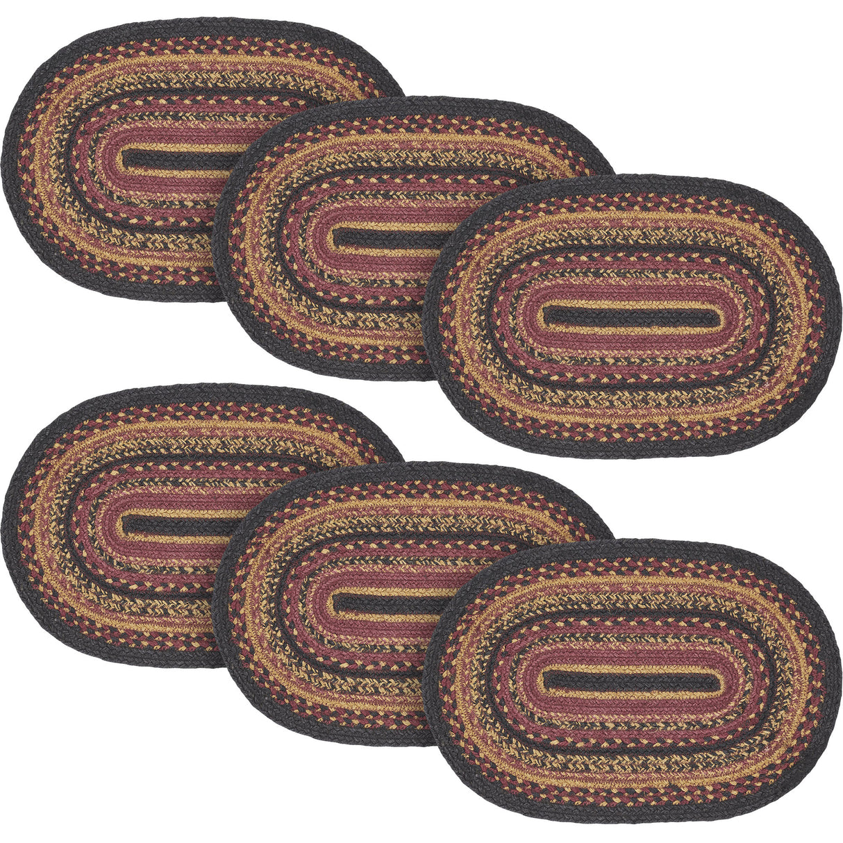 Heritage Farms Dining Table Placemat, Braided Jute, Oval, Red Black Tan. 12x18, 6 Pack 6 Pack