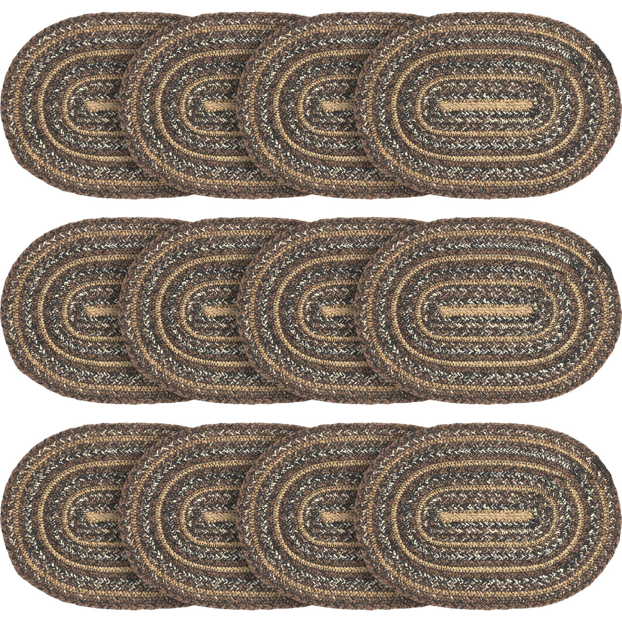 Country Espresso Table Placemat, Brown Black Tan, Jute Blend, Oval, 10x15 Inches, 12 Pack 12 Pack