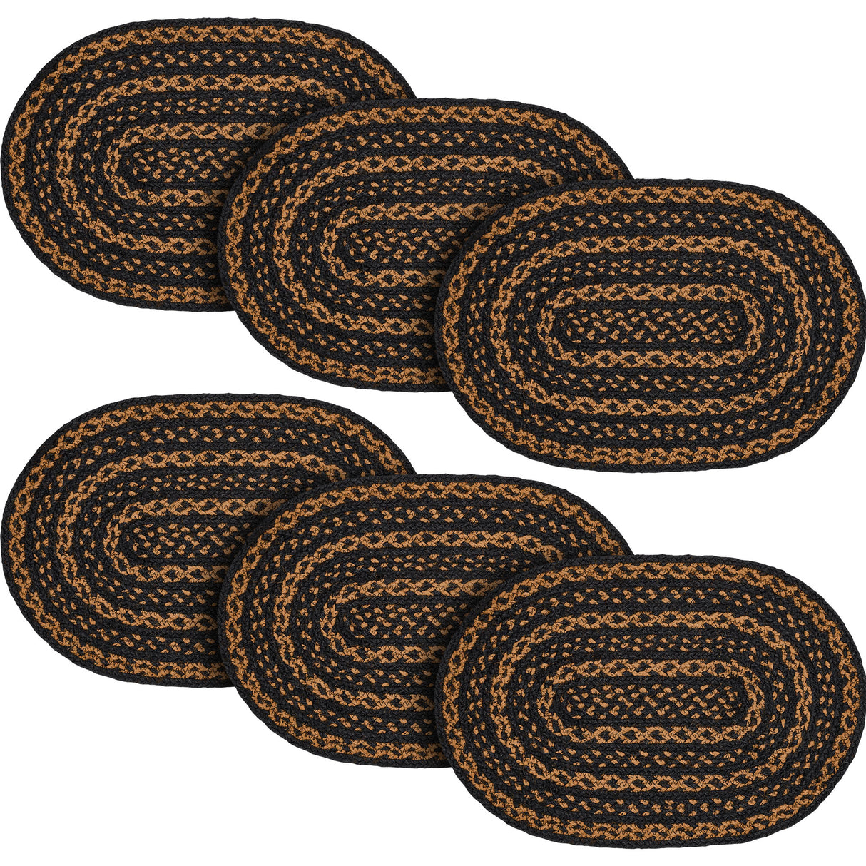 Black & Tan Dining Table Placemat, Braided Jute, Oval, Black, 12x18, 6 Pack 6 Pack