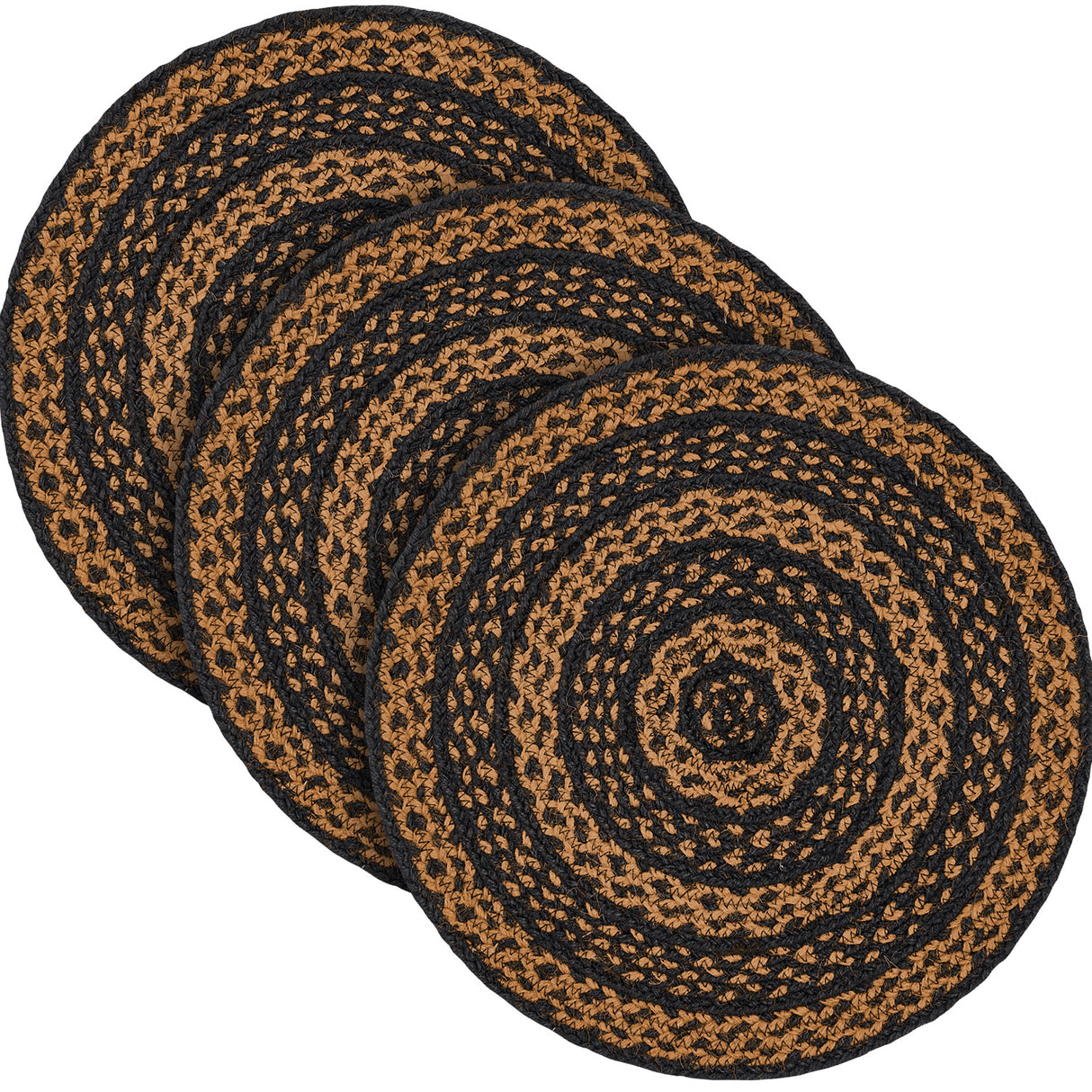 Black & Tan Braided Jute Mat Trivet Placemat, Round, Black, 8 inch, Set of 3