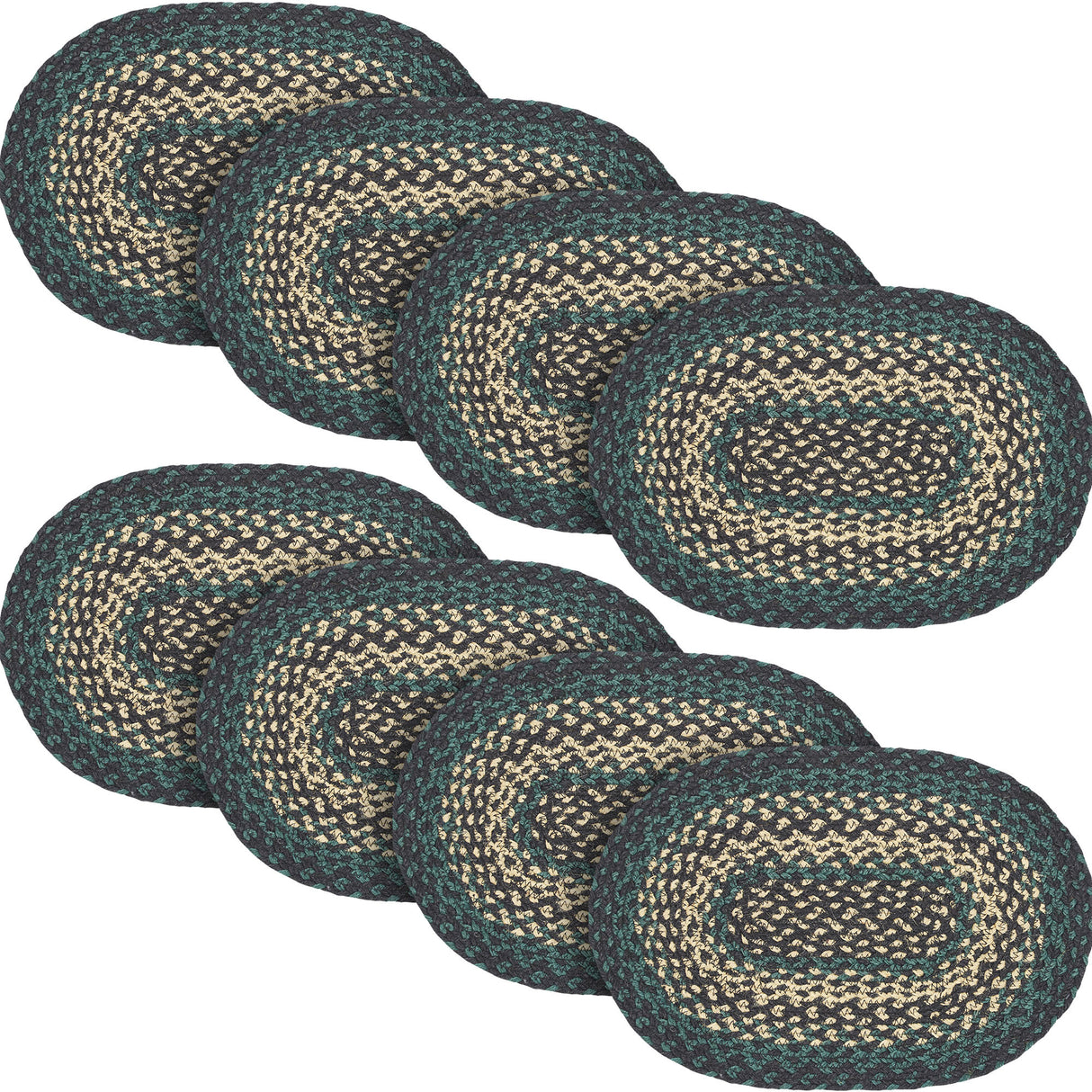 Pine Grove, Dining Table Placemat, Braided Jute, Oval, Green, 10x15, 8 Pack 8 Pack