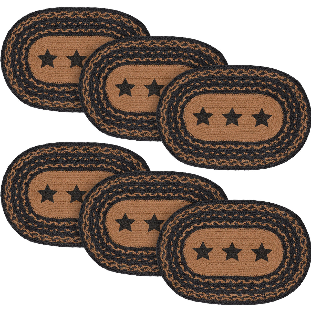 Farmhouse Star Dining Table Placemat, Braided Jute, Oval, Black Tan, 12x18, 6 Pack 6 Pack