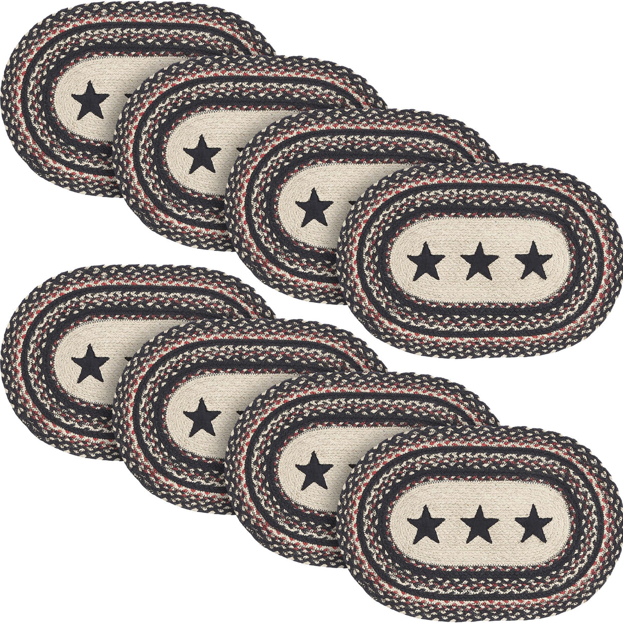 Primitive Colonial Star Table Placemat, Tan Black Red, Jute Blend, Oval, 12x18 Inches, 8 Pack 8 Pack