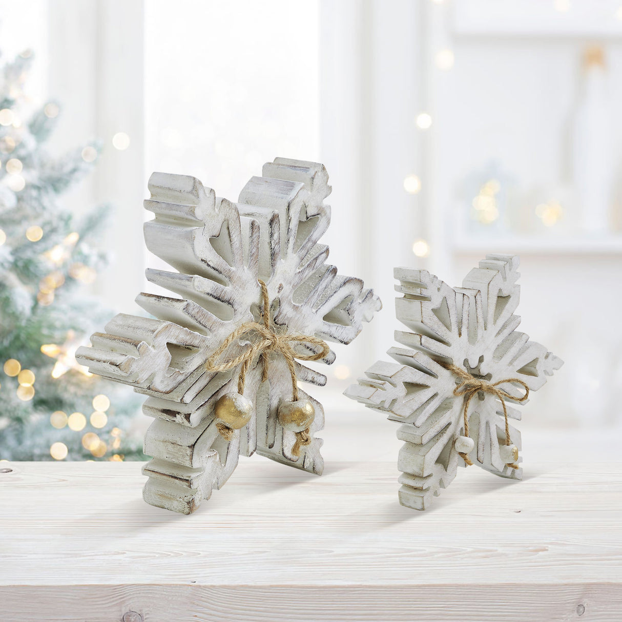 VHC Brands 2PC Distressed White Wooden Snowflake ,Small and Large