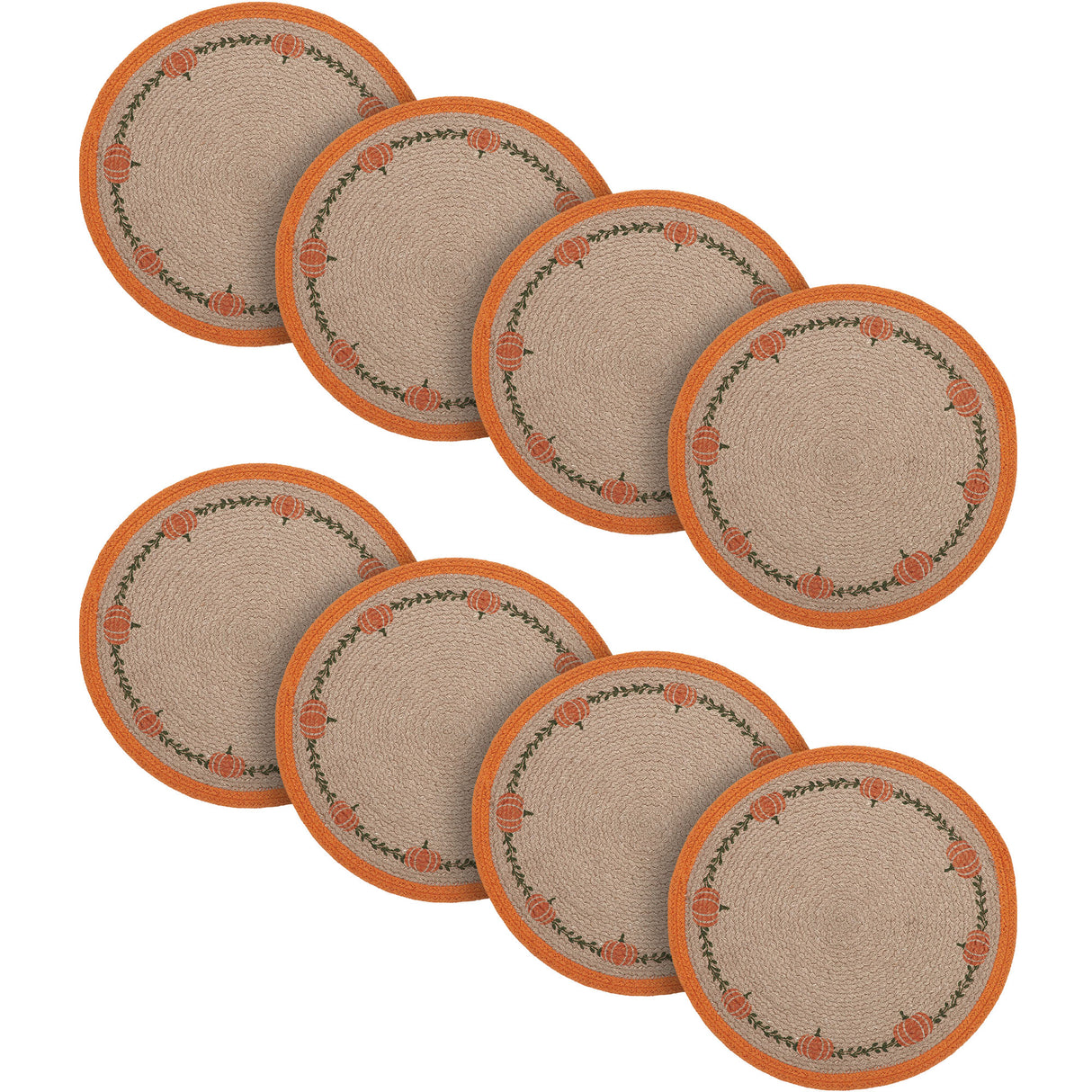 Braided Cotton Harvest Blessings Natural Stencil Pumpkin Placemat 14 inch Diameter, Decorative Fall Placemat, Table Decor for Fall and Thanksgiving, 8 Pack 8 Pack