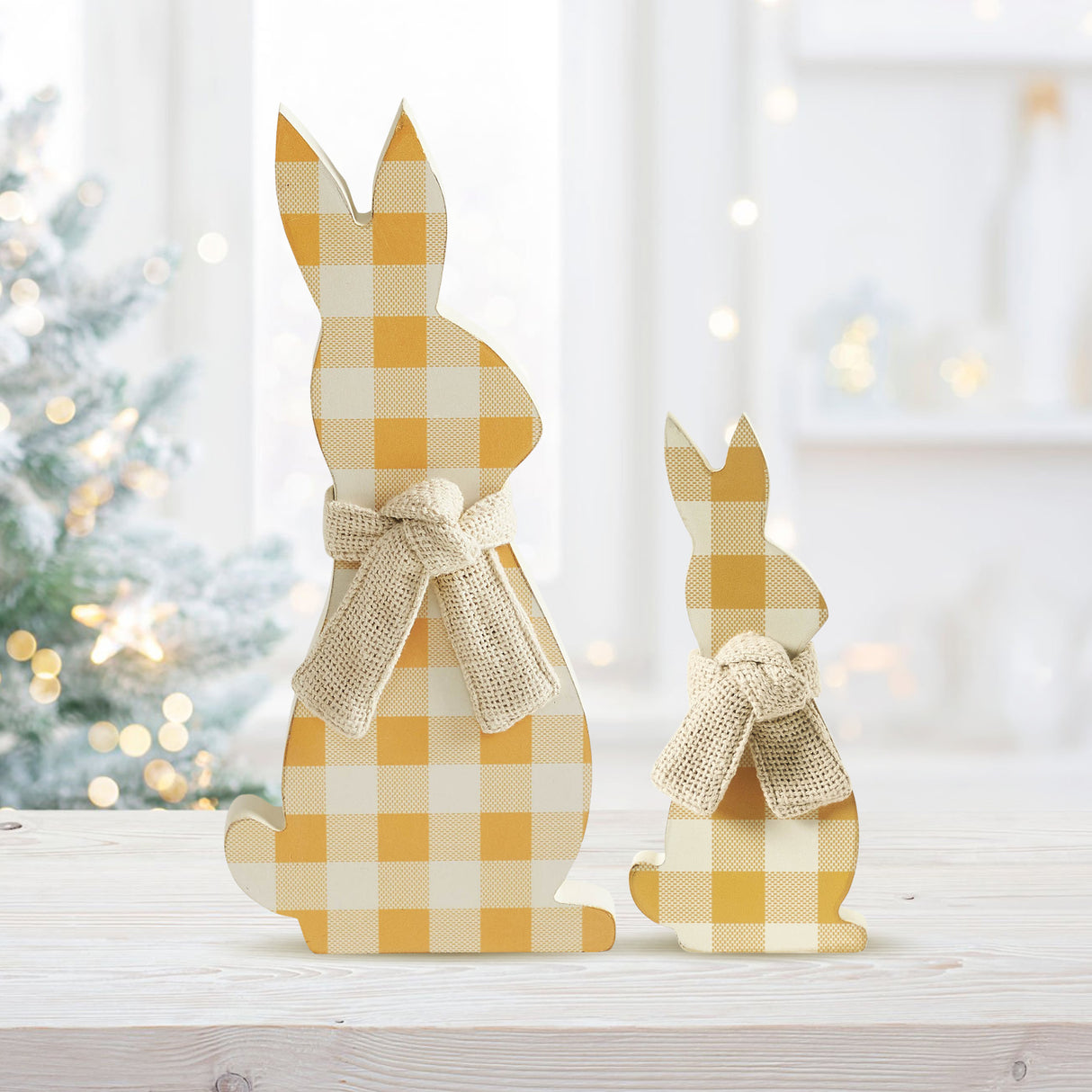VHC Brands Bunny Hop 2PC Bunny Hop MDF All Ears Honey Check Bunny In Burlap Scarf ,Small and Large