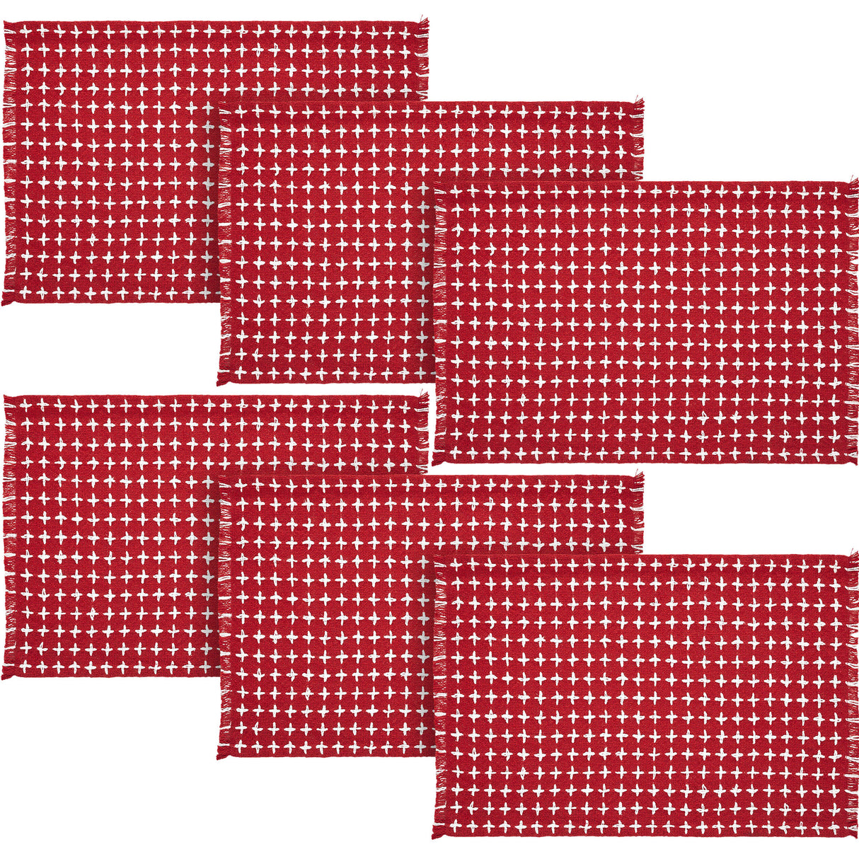 Gallen Red White Placemat Set of 2 Fringed 13x19, 3 Pack 6 Pack