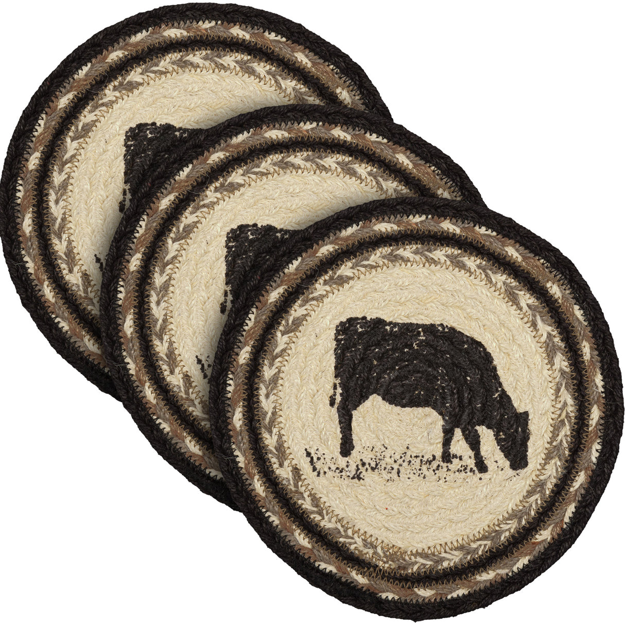 Sawyer Mill Charcoal Cow Jute Trivet 8 Set of 3