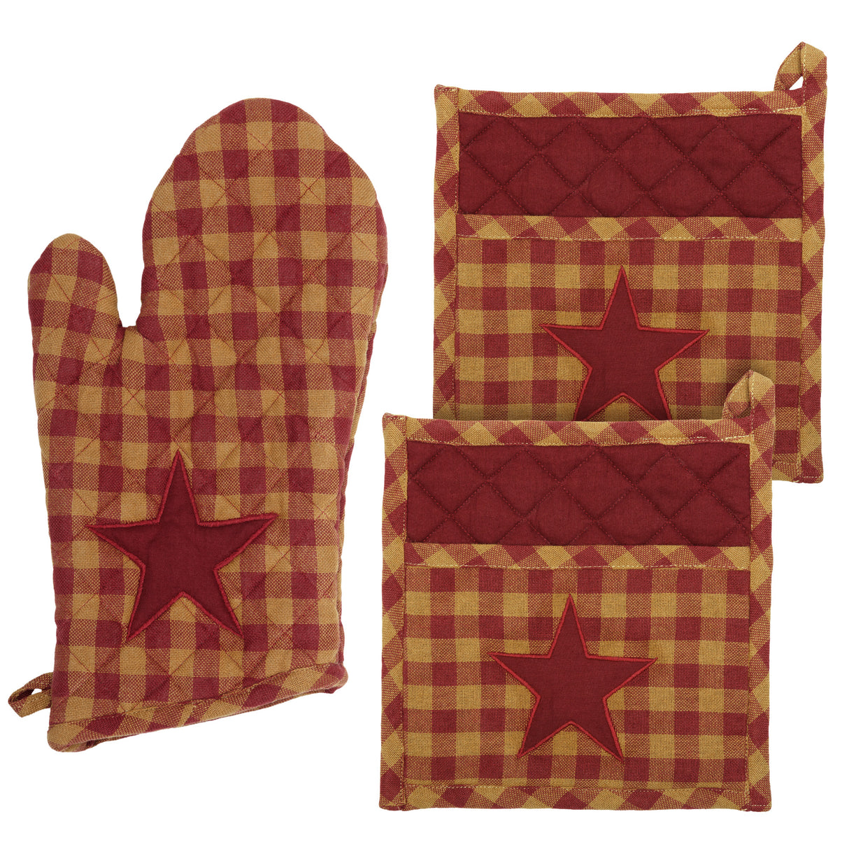 VHC Brands Burgundy Star 3PC Set Oven Mitt and 2 Pot Holders