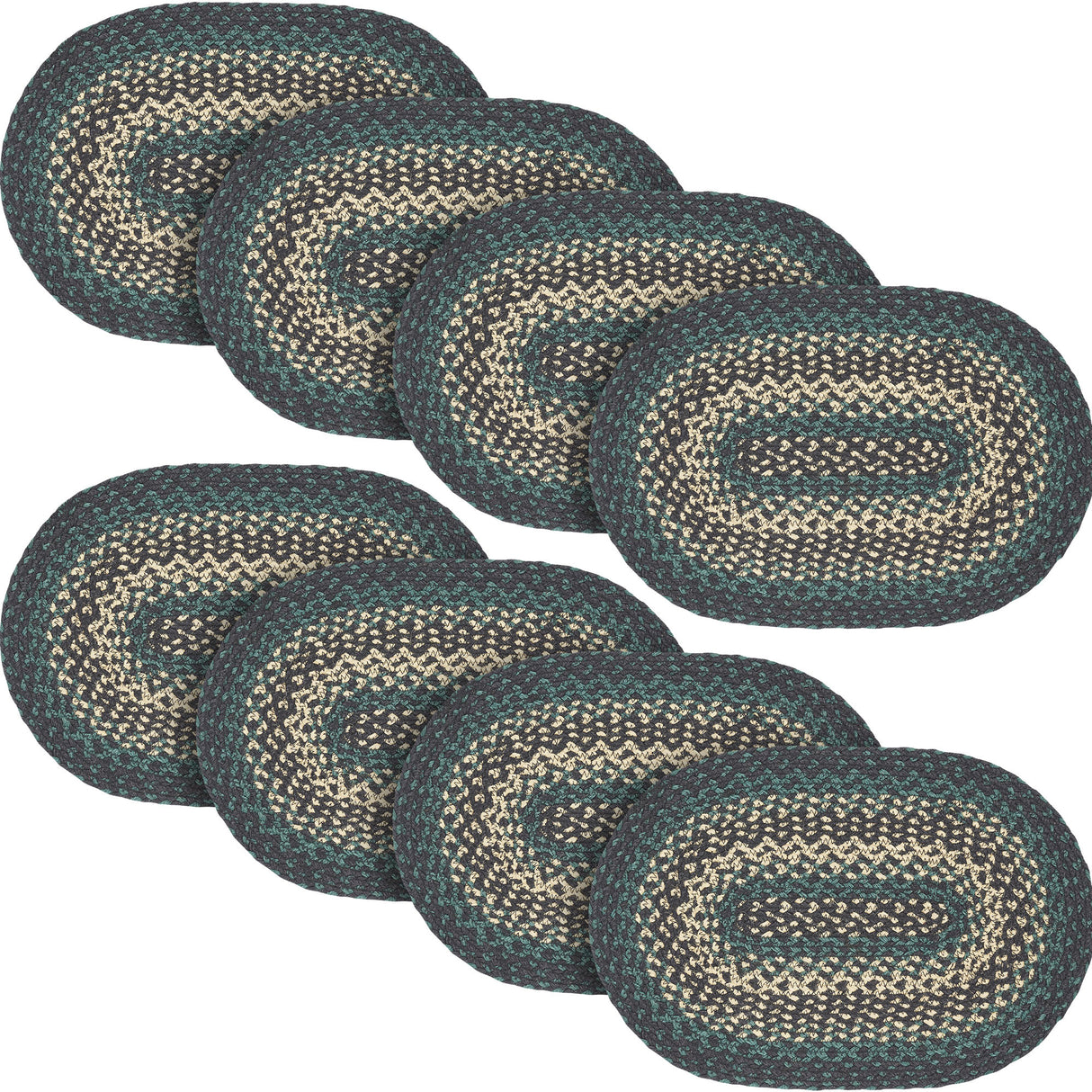 Pine Grove, Dining Table Placemat, Braided Jute, Oval, Green, 12x18, 8 Pack 8 Pack