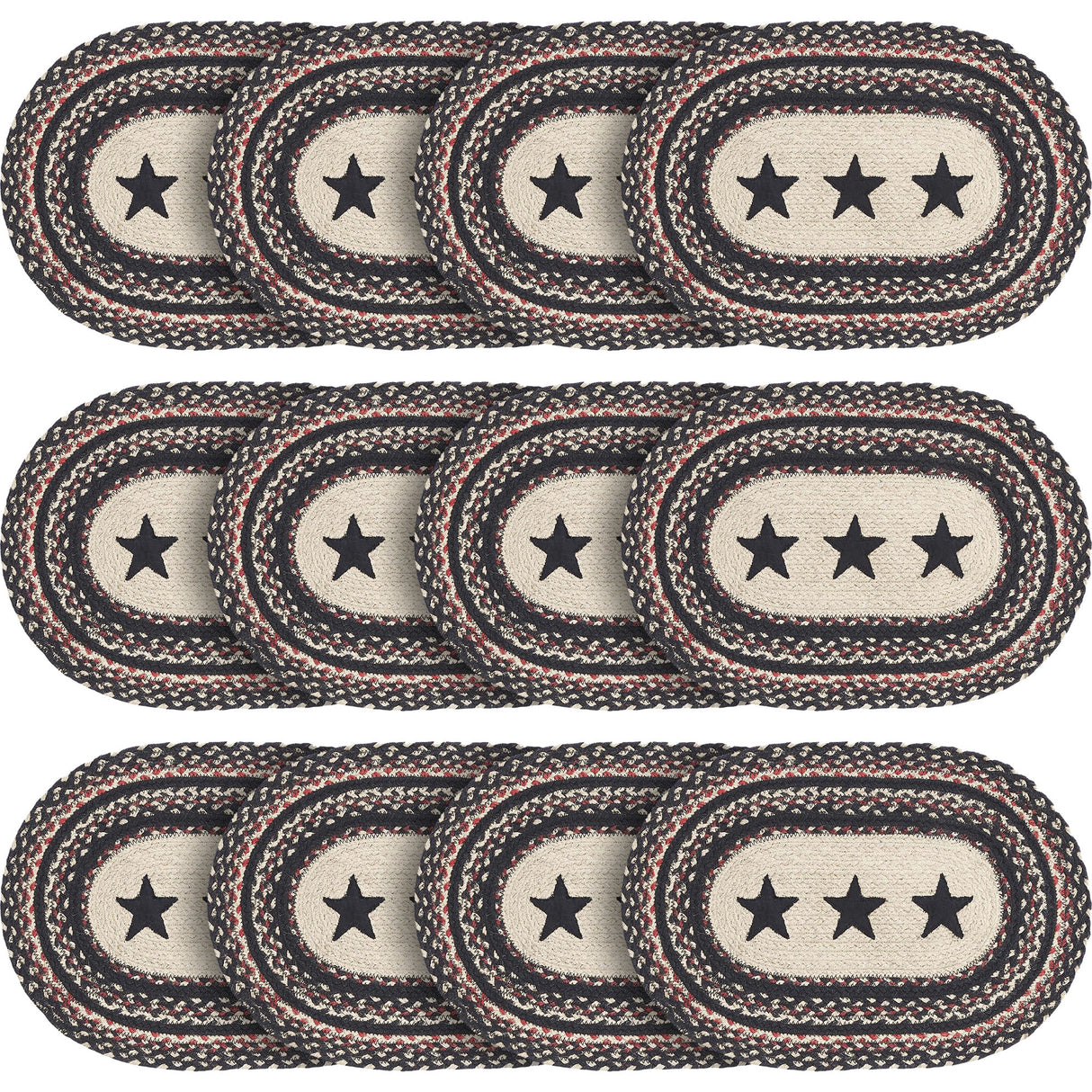 Primitive Colonial Star Table Placemat, Tan Black Red, Jute Blend, Oval, 12x18 Inches, 12 Pack 12 Pack