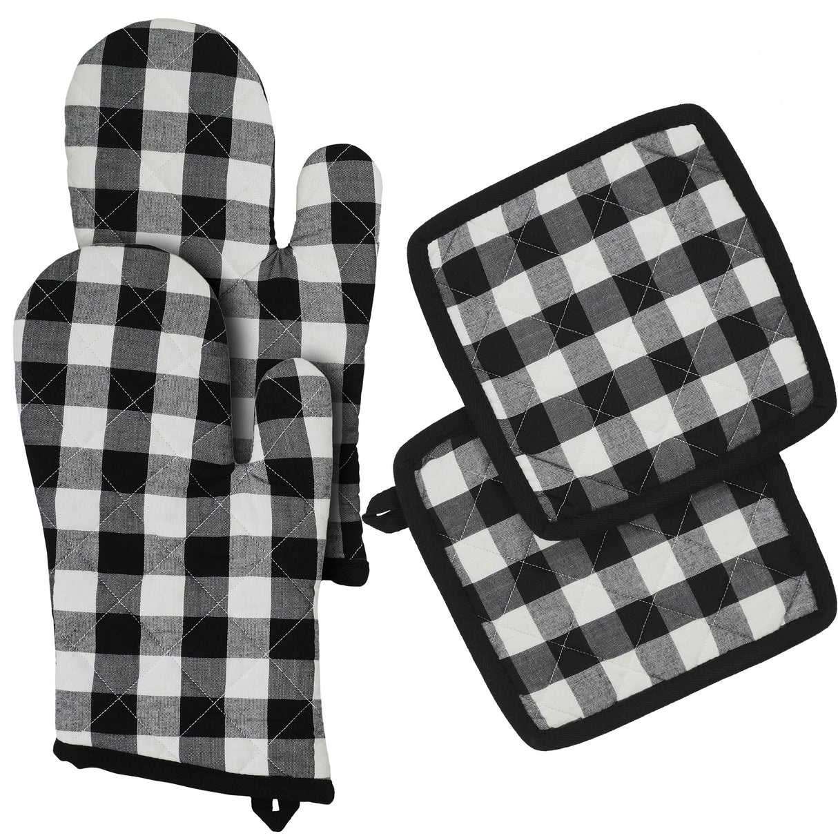 VHC Brands Annie Buffalo Check Black 4PC Set 2 Oven Mitts and 2 Pot Holders