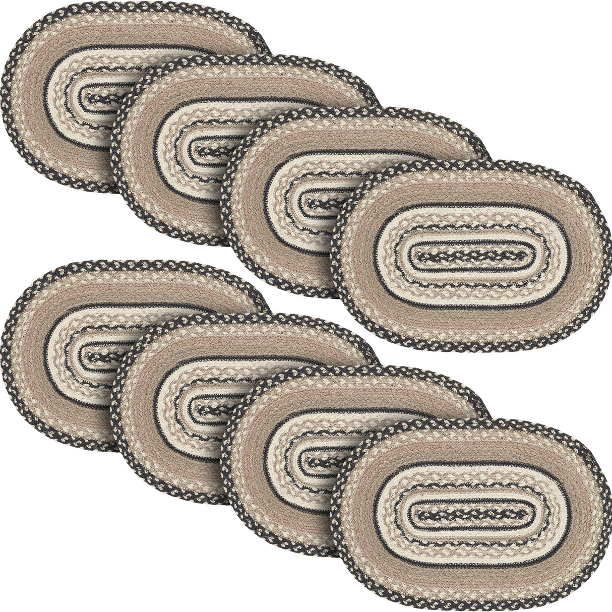 Sawyer Mill, Dining Table Placemat, Braided Jute, Oval, Charcoal Creme, 12x18, 8 Pack 8 Pack
