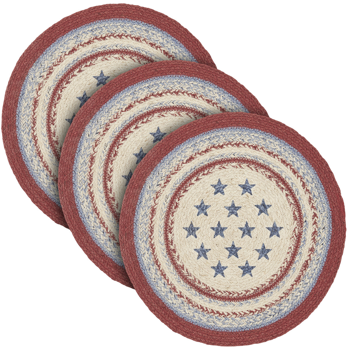 Celebration Braided Jute Mat Trivet Placemat, Round, Red Creme Blue, 15 inch, Set of 3