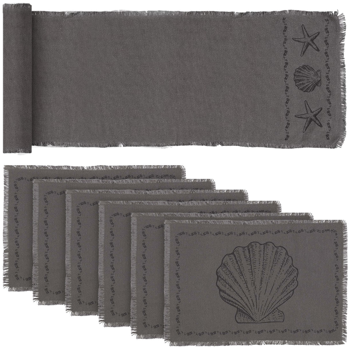 Sandy Grey Burlap Metal Grey 13x72 Table Runner & 6 pc 12x18 Placemat Set