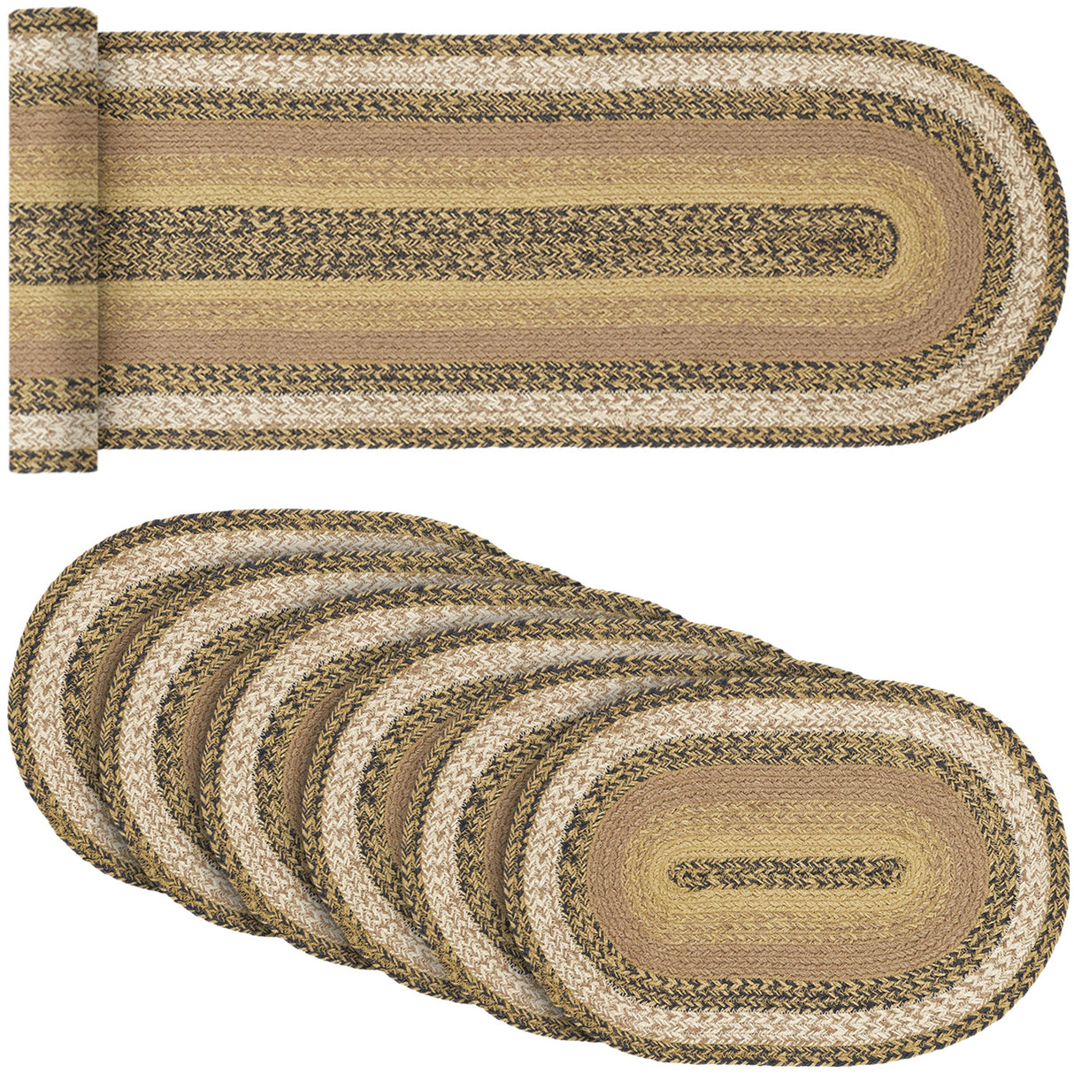 Kettle Grove Jute Country Black 13x72 Table Runner & 6 pc 12x18 Placemat Set