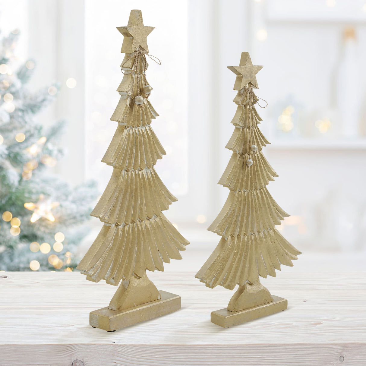 VHC Brands 3PC Yuletide Glow Brushed Gold Wooden Tree ,Small Meduim and Large