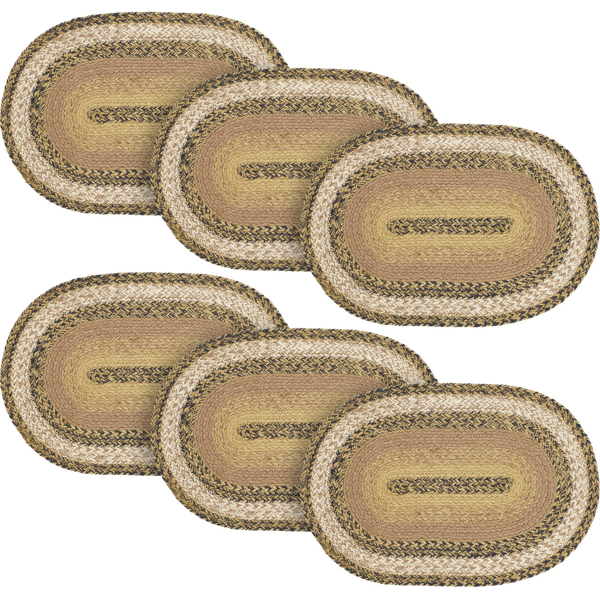 Kettle Grove, Dining Table Placemat, Braided Jute, Oval, Tan & Black, 12x18, 6 Pack 6 Pack
