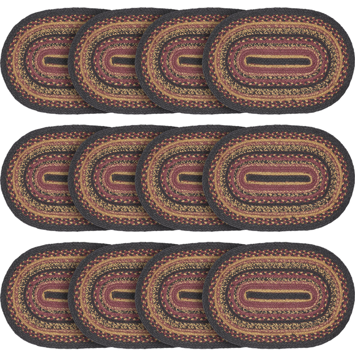 Heritage Farms Dining Table Placemat, Braided Jute, Oval, Red Black Tan. 12x18, 12 Pack 12 Pack