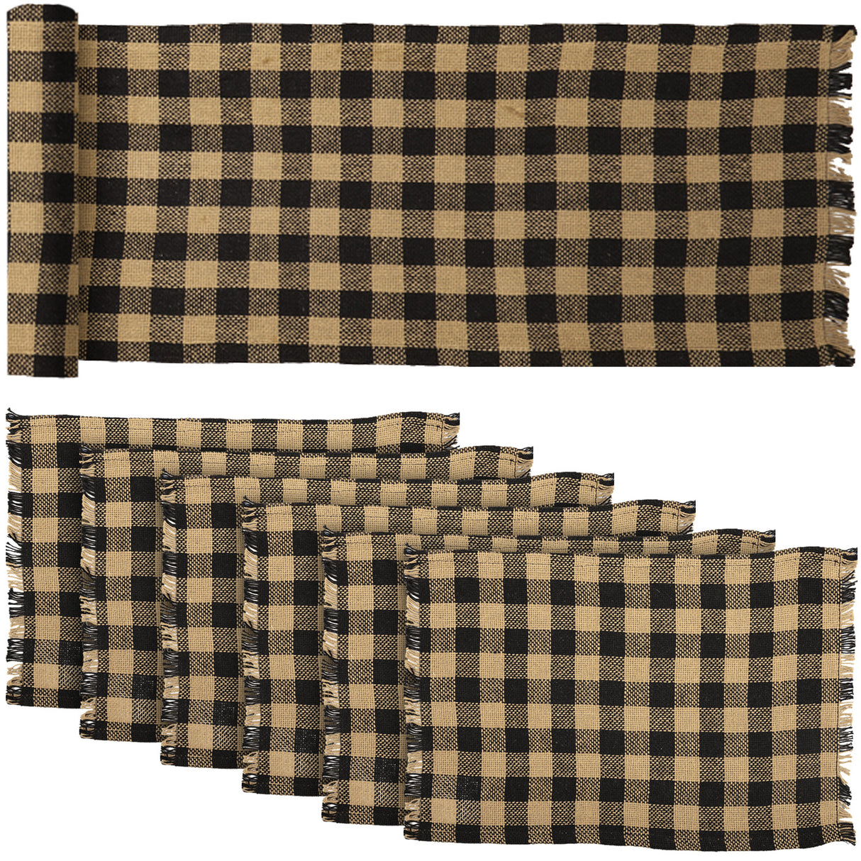 Burlap Black Check Raven 13x72 Table Runner & 6 pc 12x18 Placemat Set