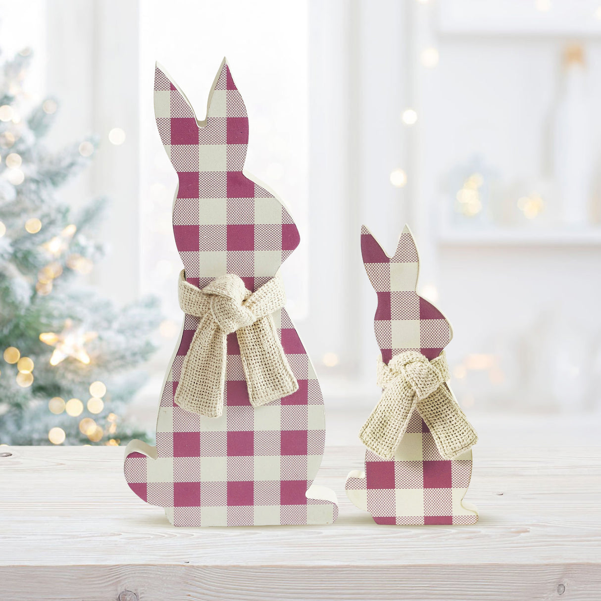 VHC Brands Bunny Hop 2PC Bunny Hop MDF All Ears Lavender Check Bunny In Burlap Scarf ,Small and Large