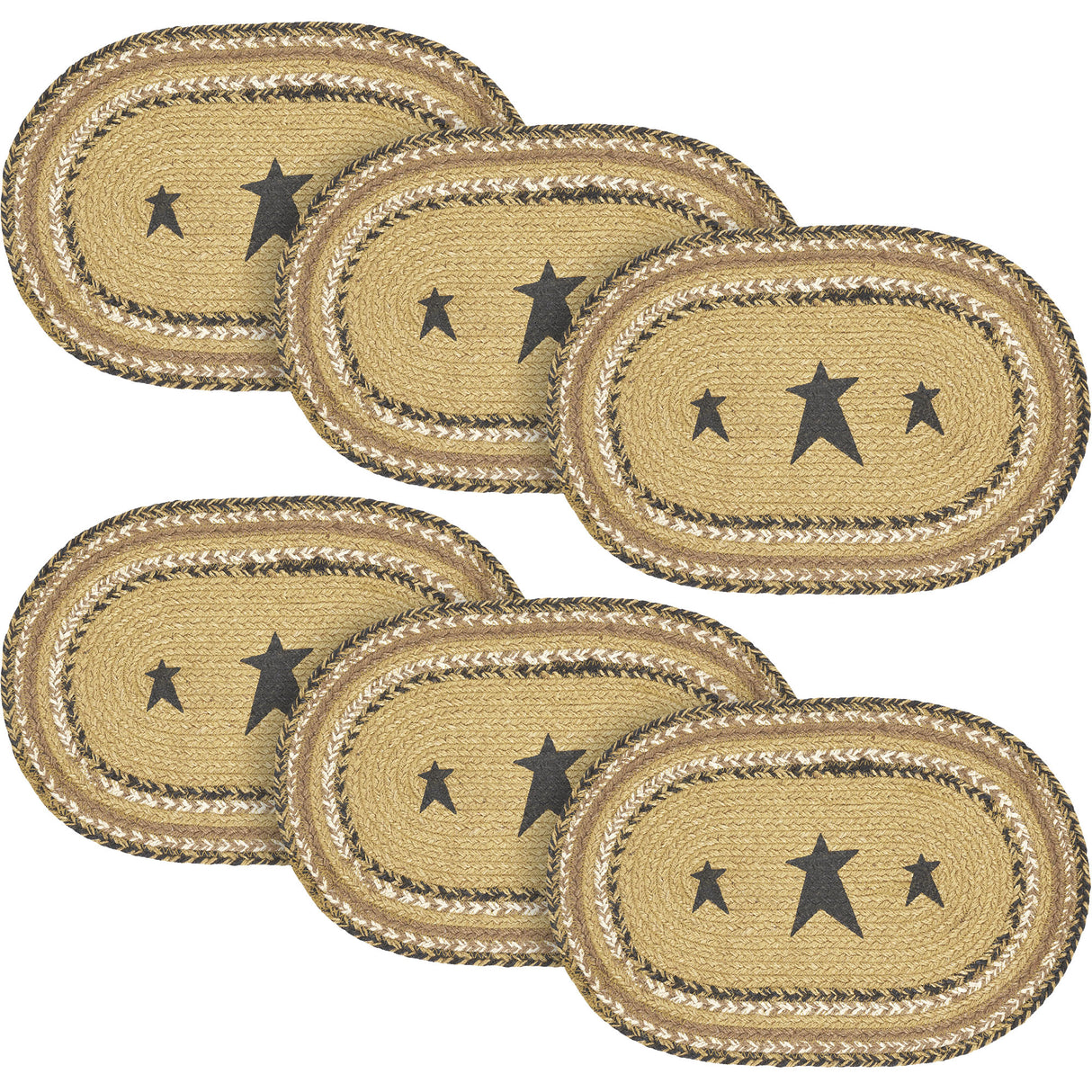 Kettle Grove, Dining Table Placemat, Braided Jute, Stars, Oval, Tan & Black, 10x15, 6 Pack 6 Pack