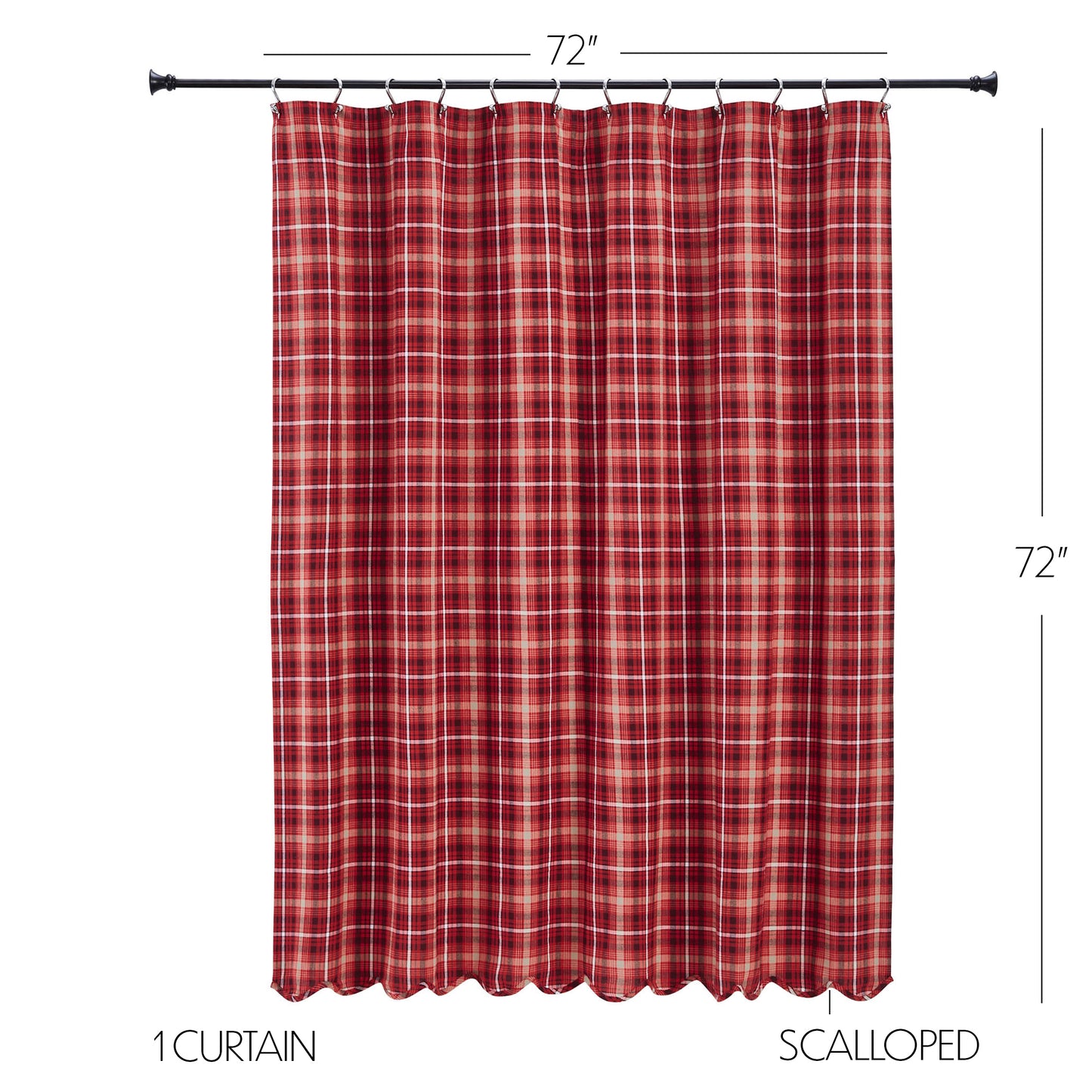 Rustic Shower Curtain 72x72 Braxton Scalloped Plaid Red Tan Black Bath Decor VHC Brands