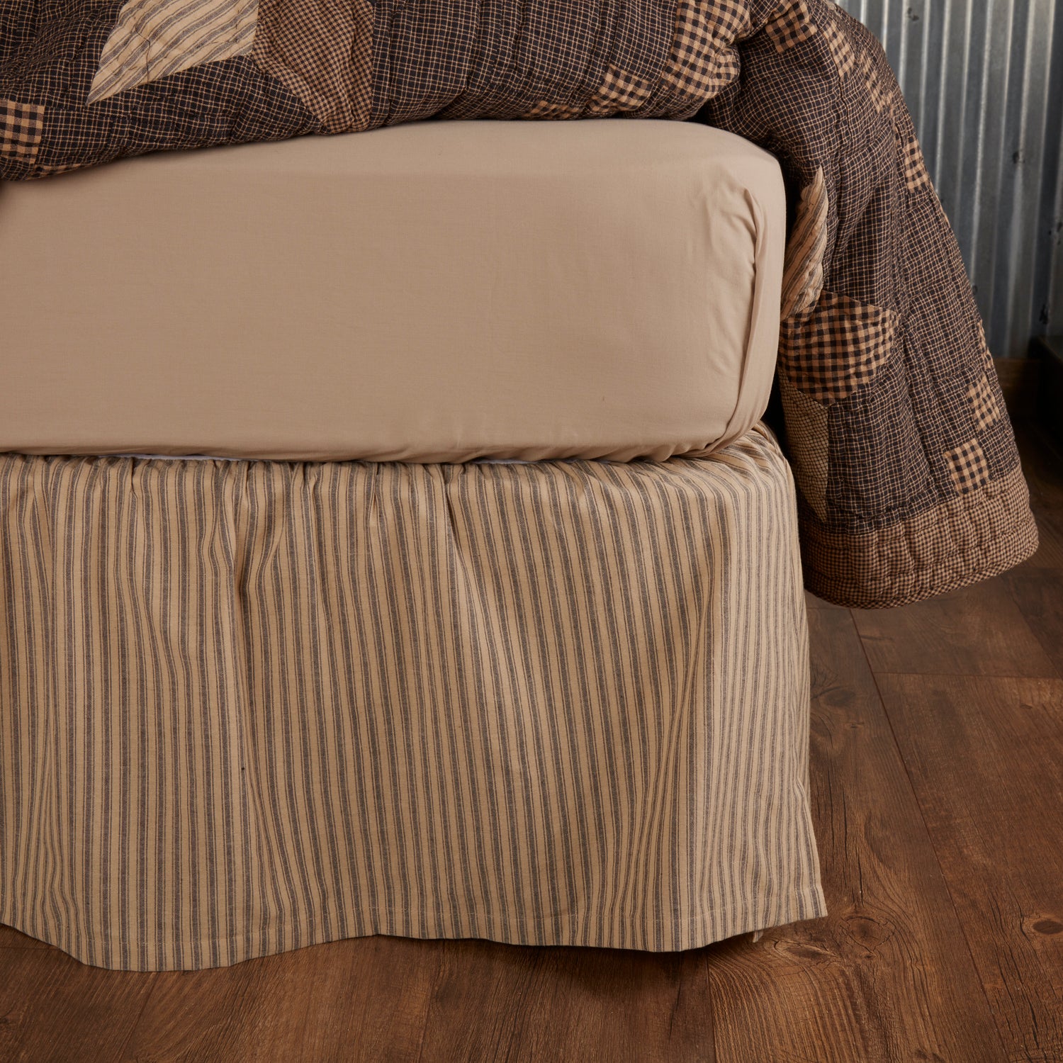 Iron and White Ticking Striped Linen Bed Skirt with Gathered Ruffle