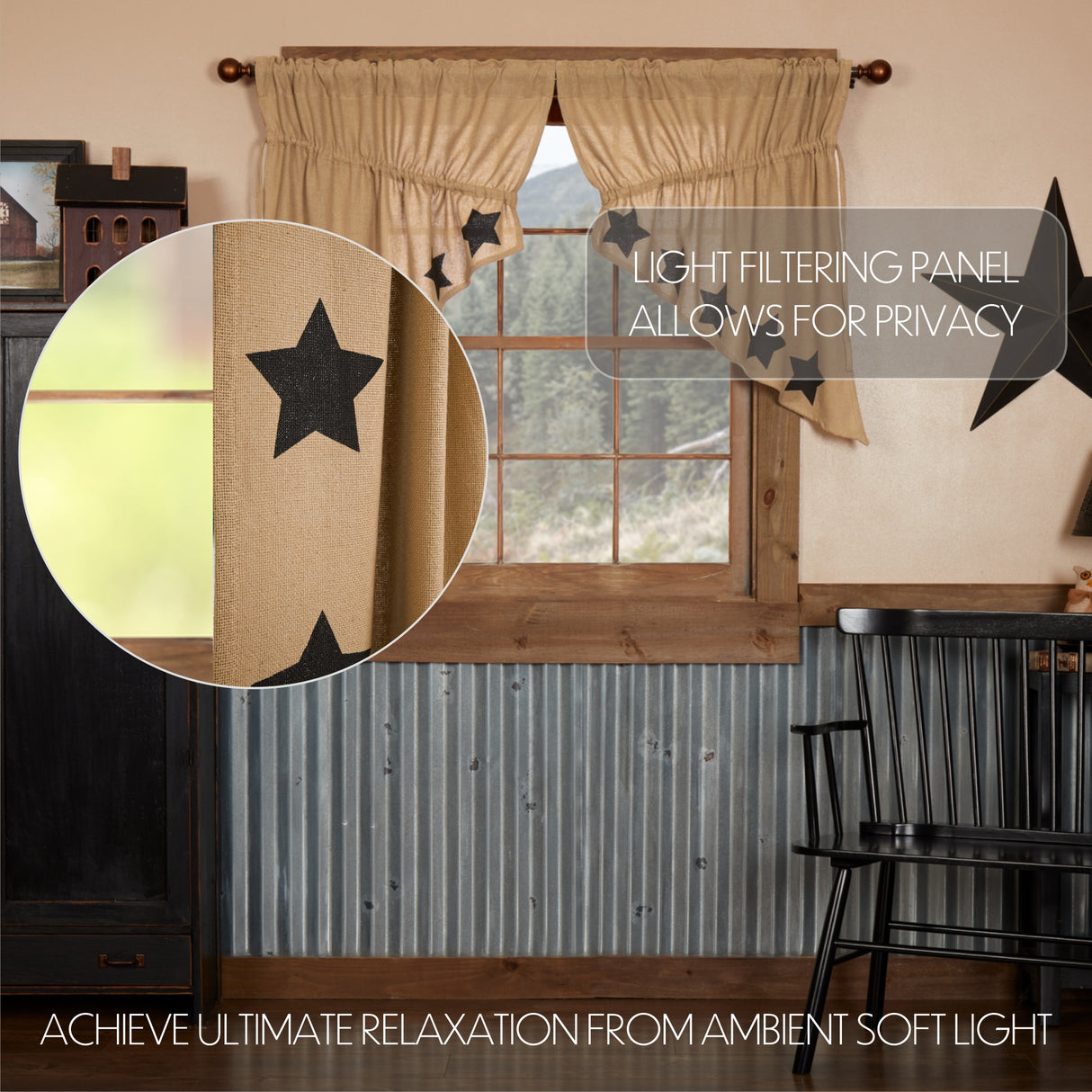 Burlap Natural with Star Curtain Set