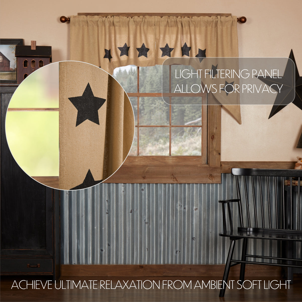 Burlap Natural with Star Curtain Set