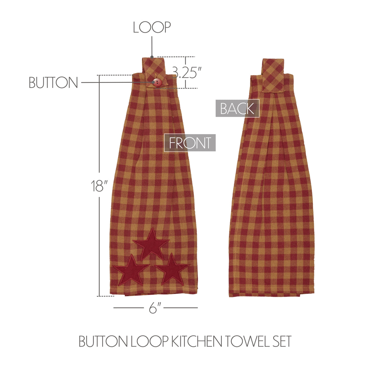 VHC Brands Burgundy Star 6PC Set 2 Oven Mitts 2 Pot Holders and 2 Tea Towels