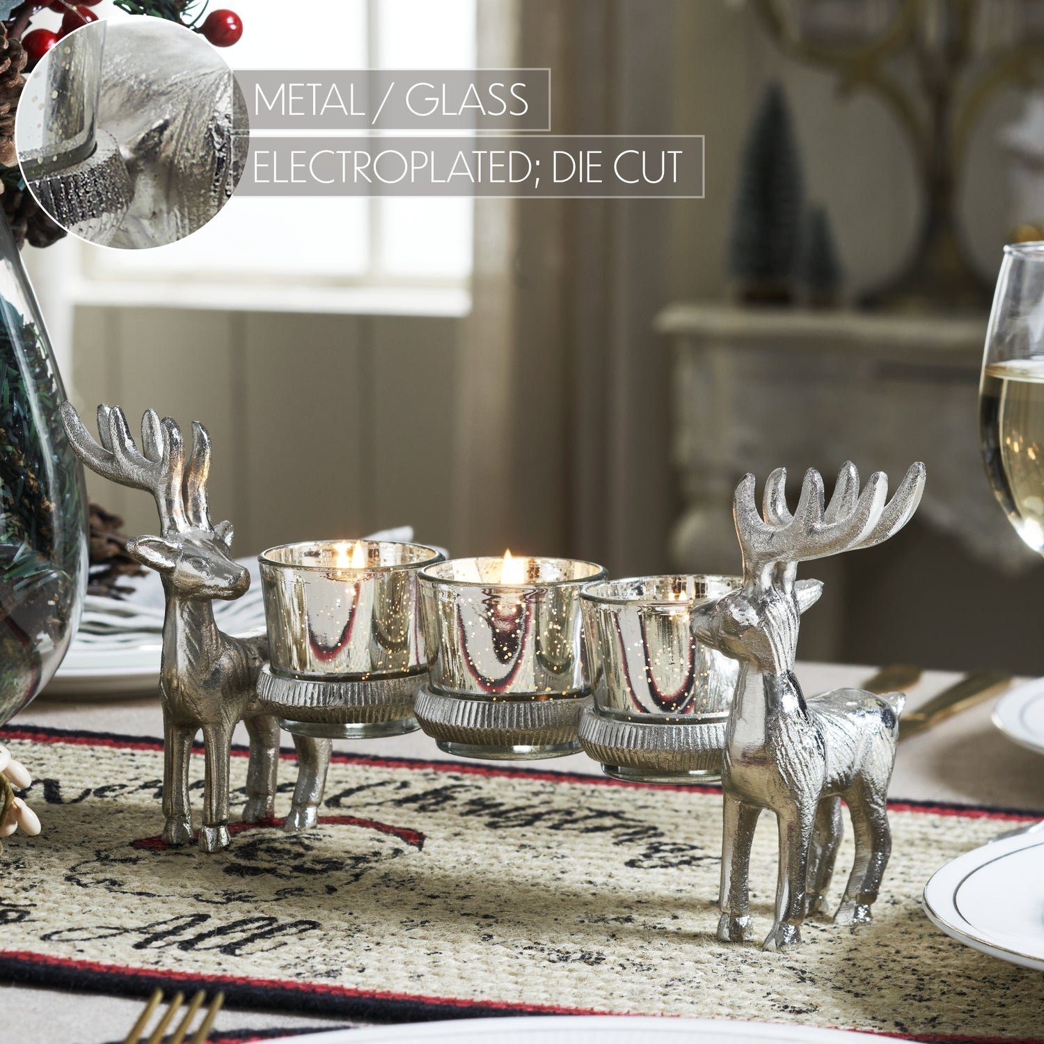 Metal Reindeer Three-Votive Mercury Glass Candle Holder 5.5x13x3.5