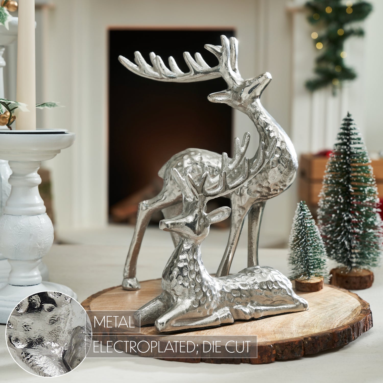 Hammered Silver Reindeer Figurines Set of 2 - 7x7x2/11x8.5x2