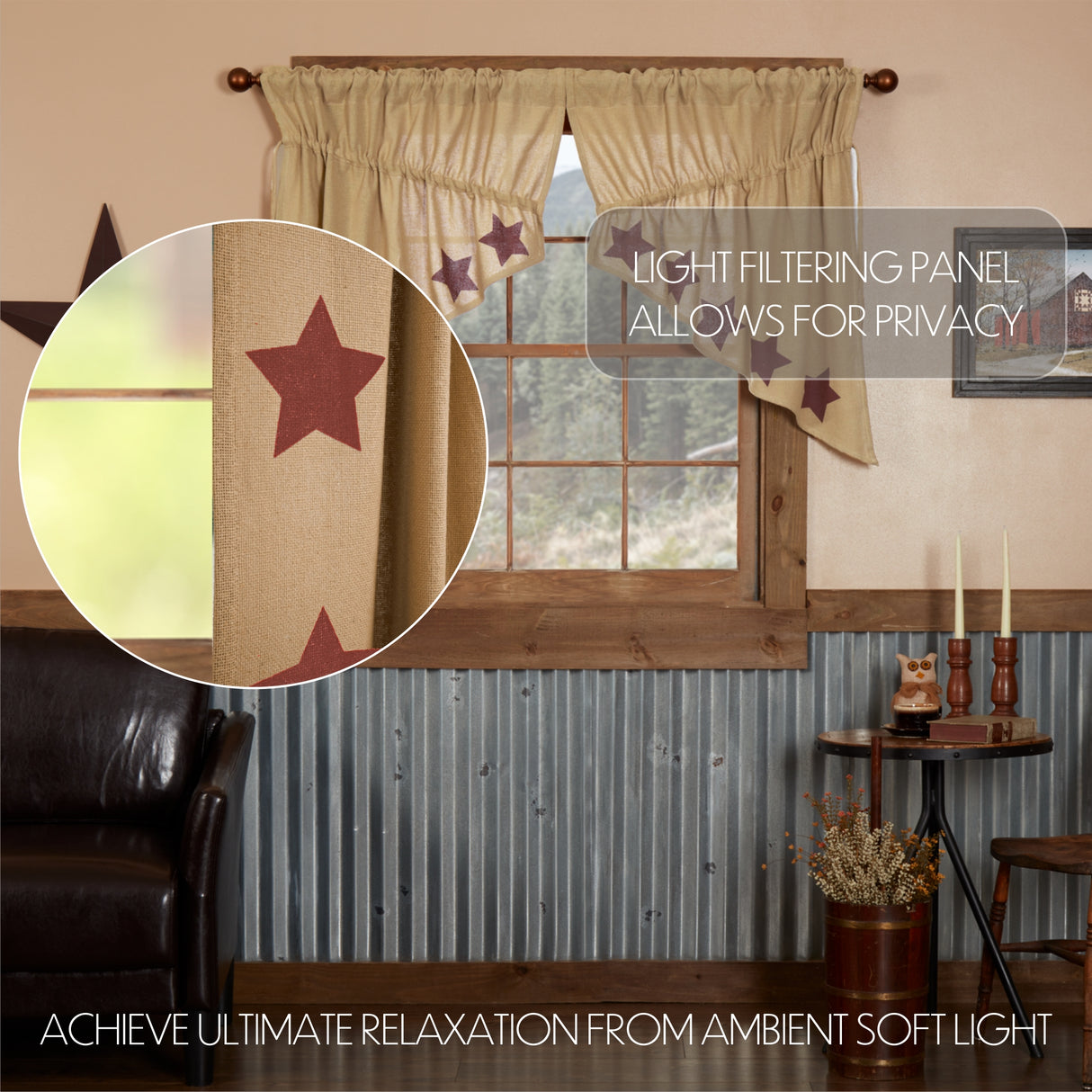 Burlap Natural with Star Curtain Set
