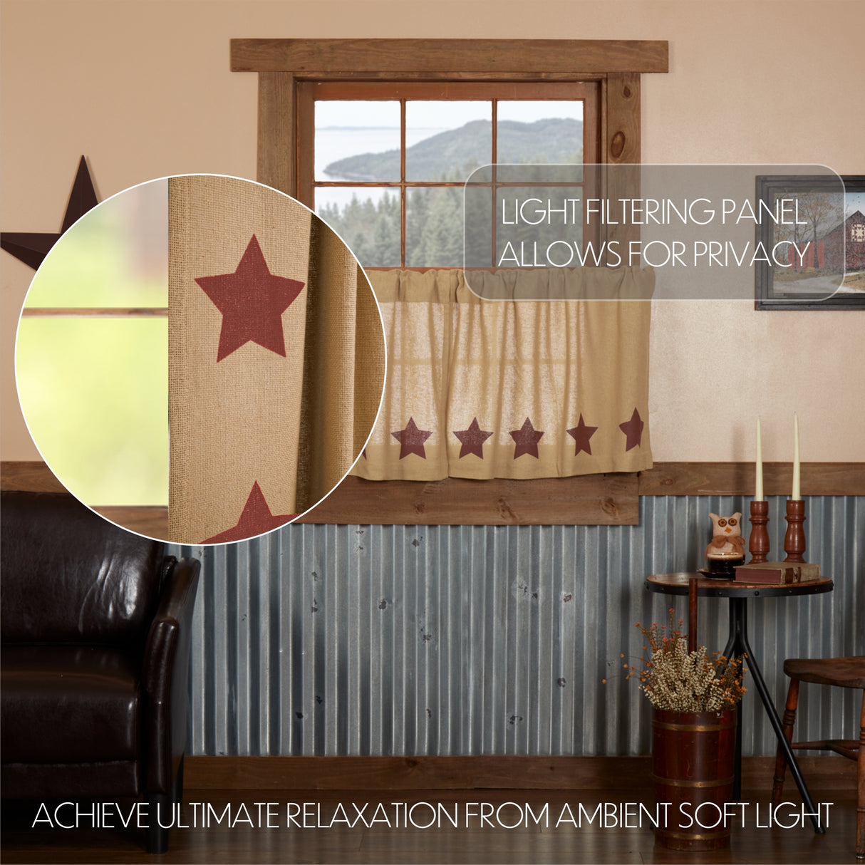 Burlap Natural with Star Curtain Set