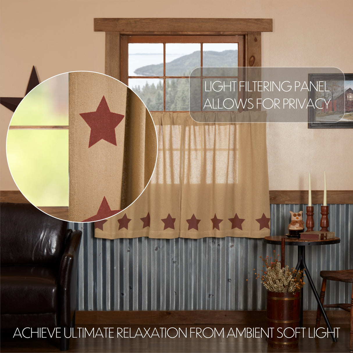 Burlap Natural with Star Curtain Set