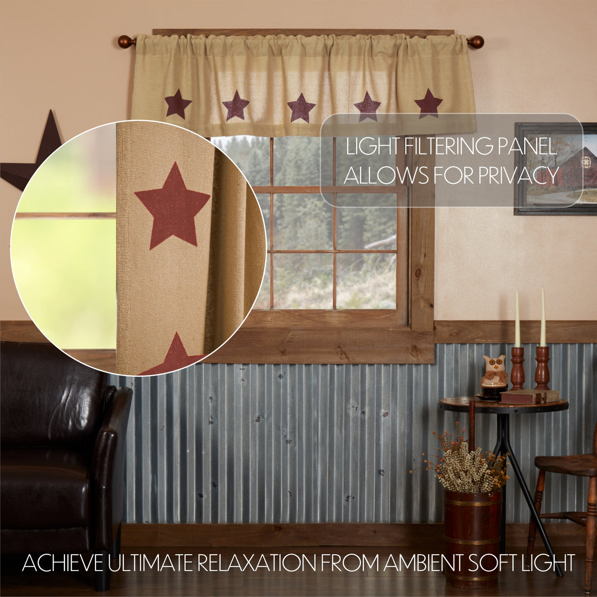 Burlap Natural with Star Curtain Set