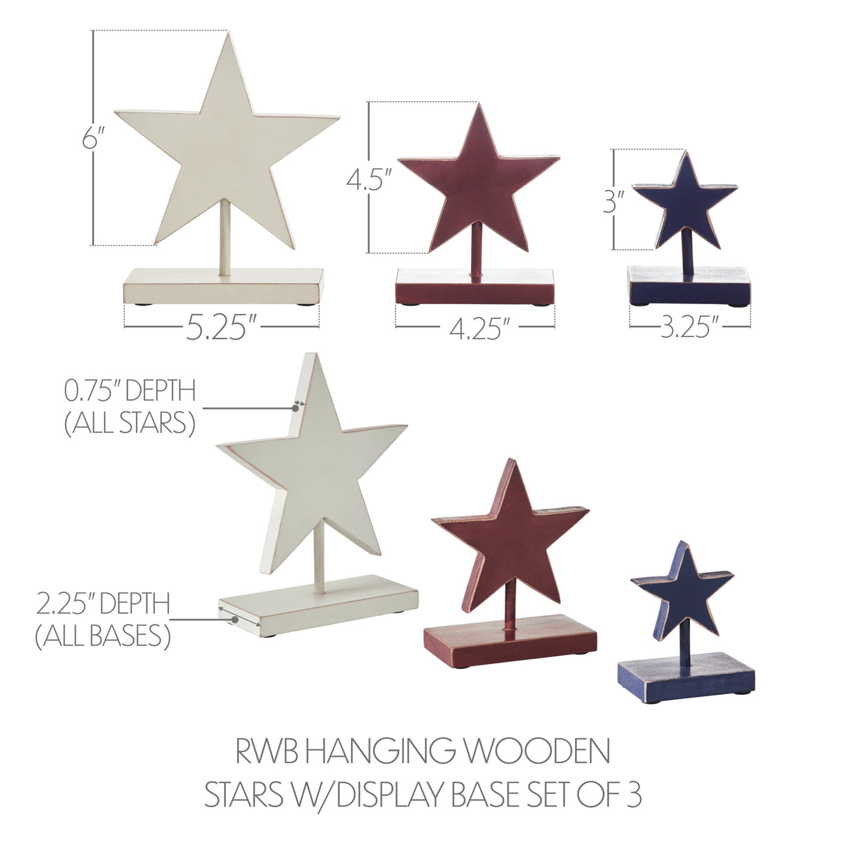 RWB Hanging Wooden Stars w/ Display Base Set of 3