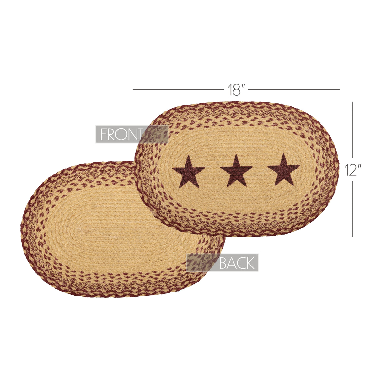 Tan Jute Star Textured Primitive Tabletop Kitchen Stenciled Oval Placemat Set of 6, 12" x 18", Burgundy Red, 12 Pack