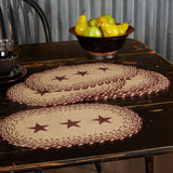 Tan Jute Star Textured Primitive Tabletop Kitchen Stenciled Oval Placemat Set of 6, 12" x 18", Burgundy Red, 12 Pack