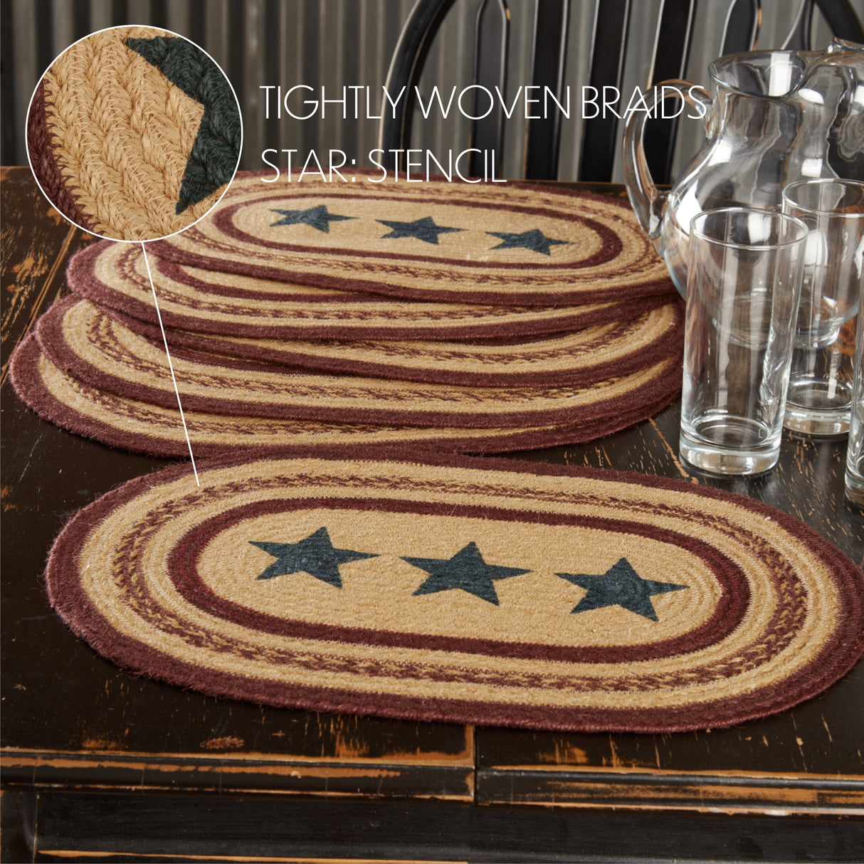 Potomac Star Textured Jute Primitive Tabletop Kitchen Stenciled Oval Placemat Set of 6, 12" x 18", Natural Tan, 12 Pack