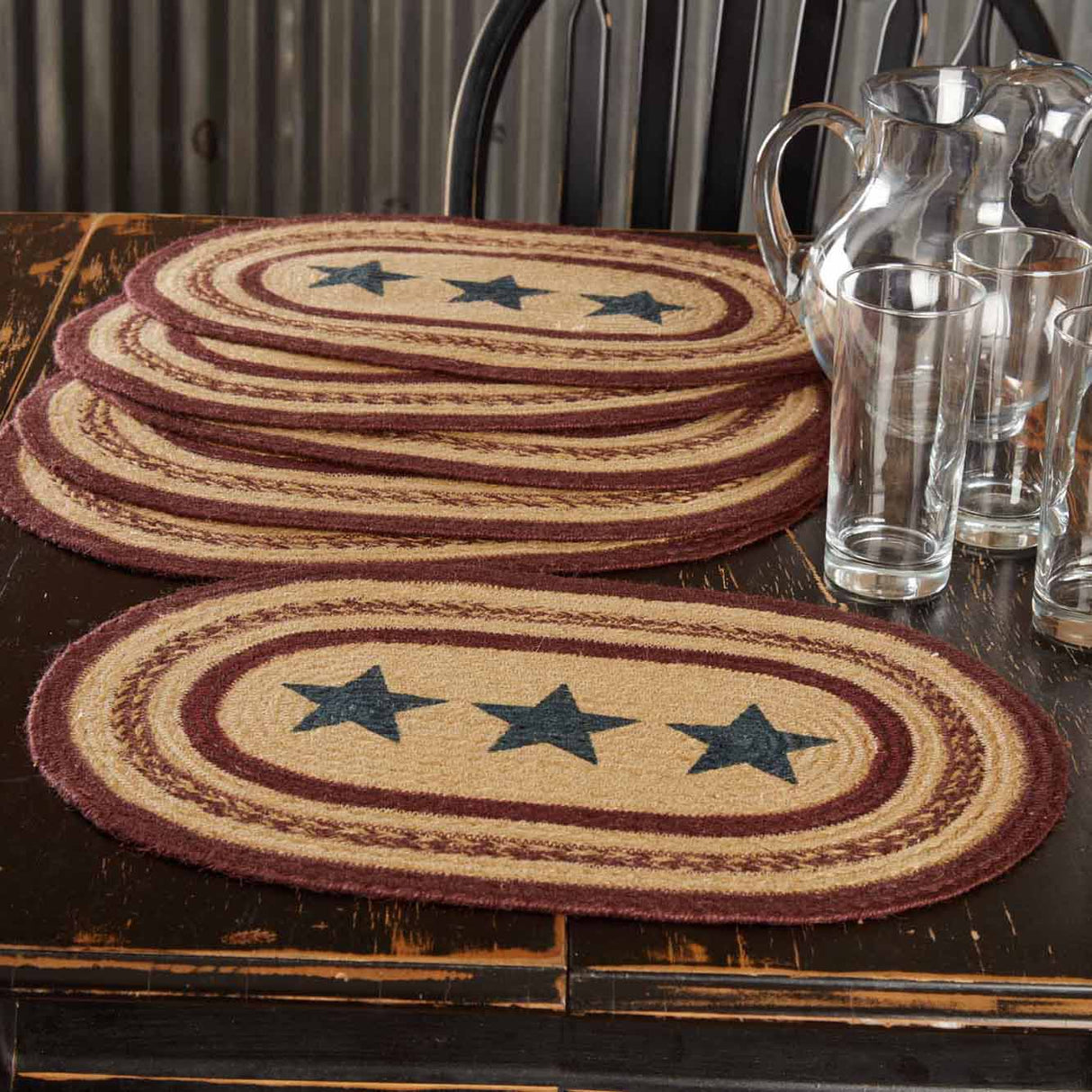 Potomac Star Textured Jute Primitive Tabletop Kitchen Stenciled Oval Placemat Set of 6, 12" x 18", Natural Tan, 12 Pack
