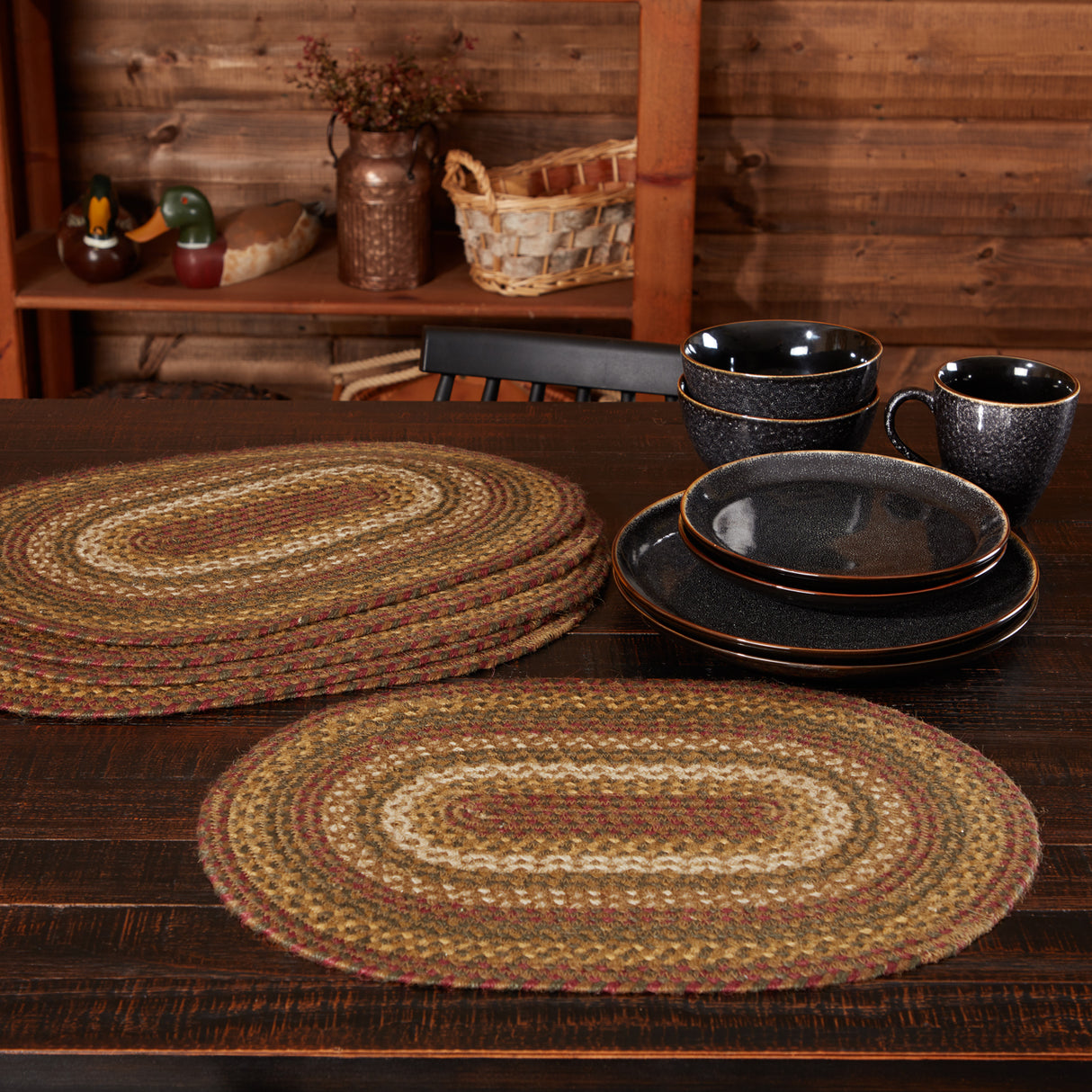 Tea Cabin Rustic Jute Green Textured Striped Oval Kitchen Placemat Set of 6 12"x18", 12 Pack