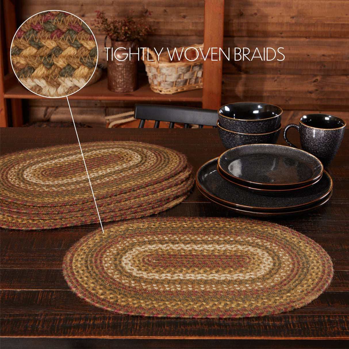 Tea Cabin Rustic Jute Green Textured Striped Oval Kitchen Placemat Set of 6 12"x18", 12 Pack