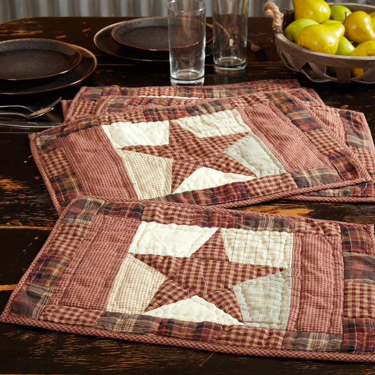 Abilene Country Red Independence Day Patchwork Star Quilted Placemat Set of 6 12x18, 12 Pack