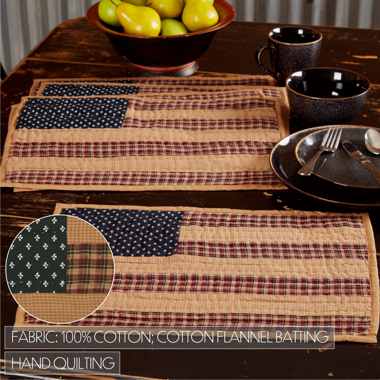 Patriotic Patch Kitchen Table Decor, Placemat Quilted Set of 6, Red, 12x18, 12 Pack
