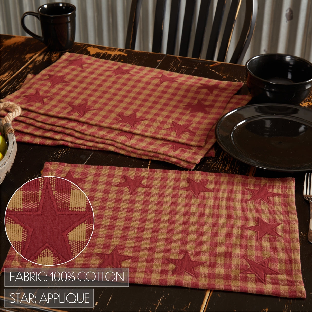 Star Cotton Primitive Tabletop Kitchen Appliqued Placemat Set of 6, Burgundy Red, 12 Pack