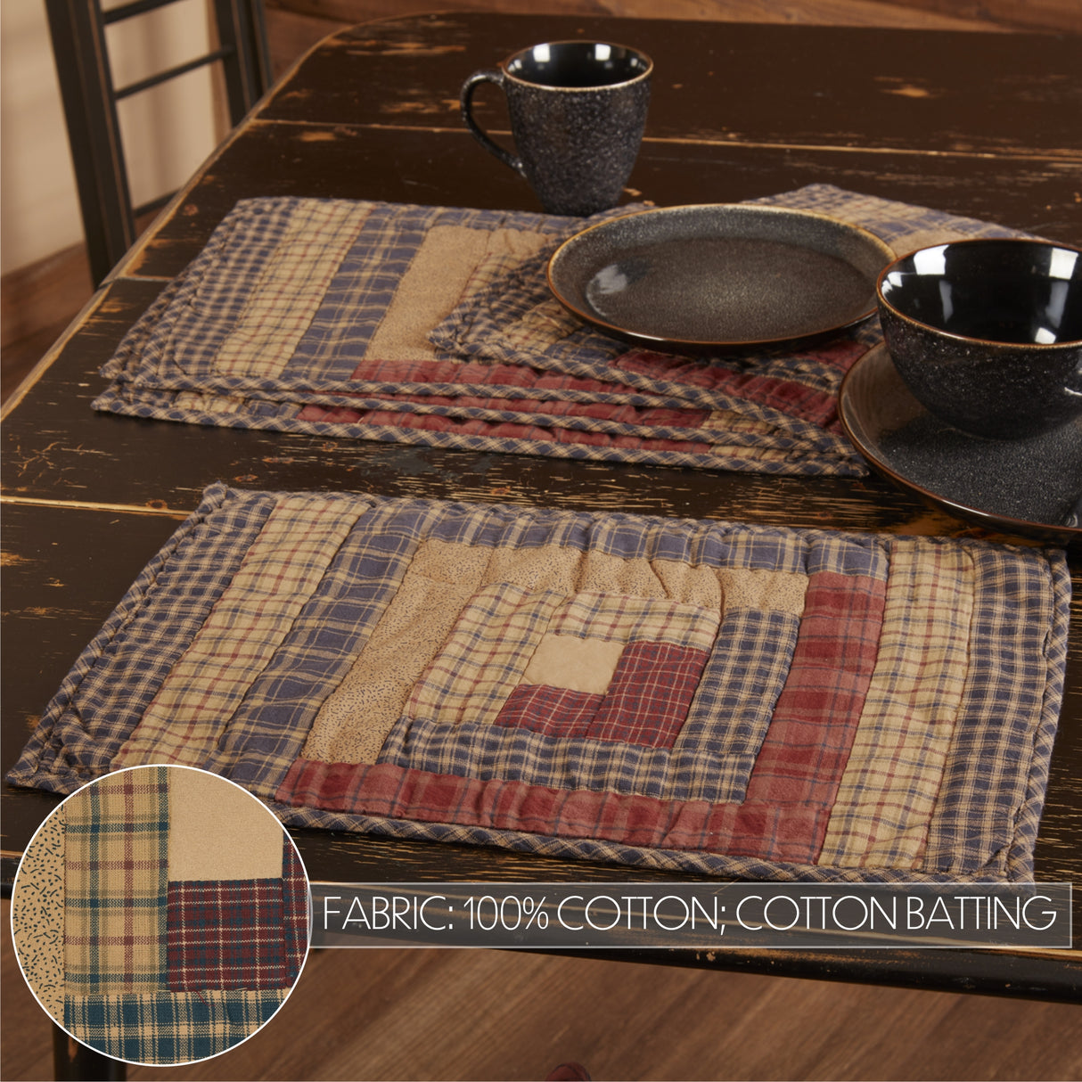 VHC Brands, Millsboro, Cotton, 12x18, Log Cabin, Block Quilted, Placemat Set of 6, Blue, 12 Pack