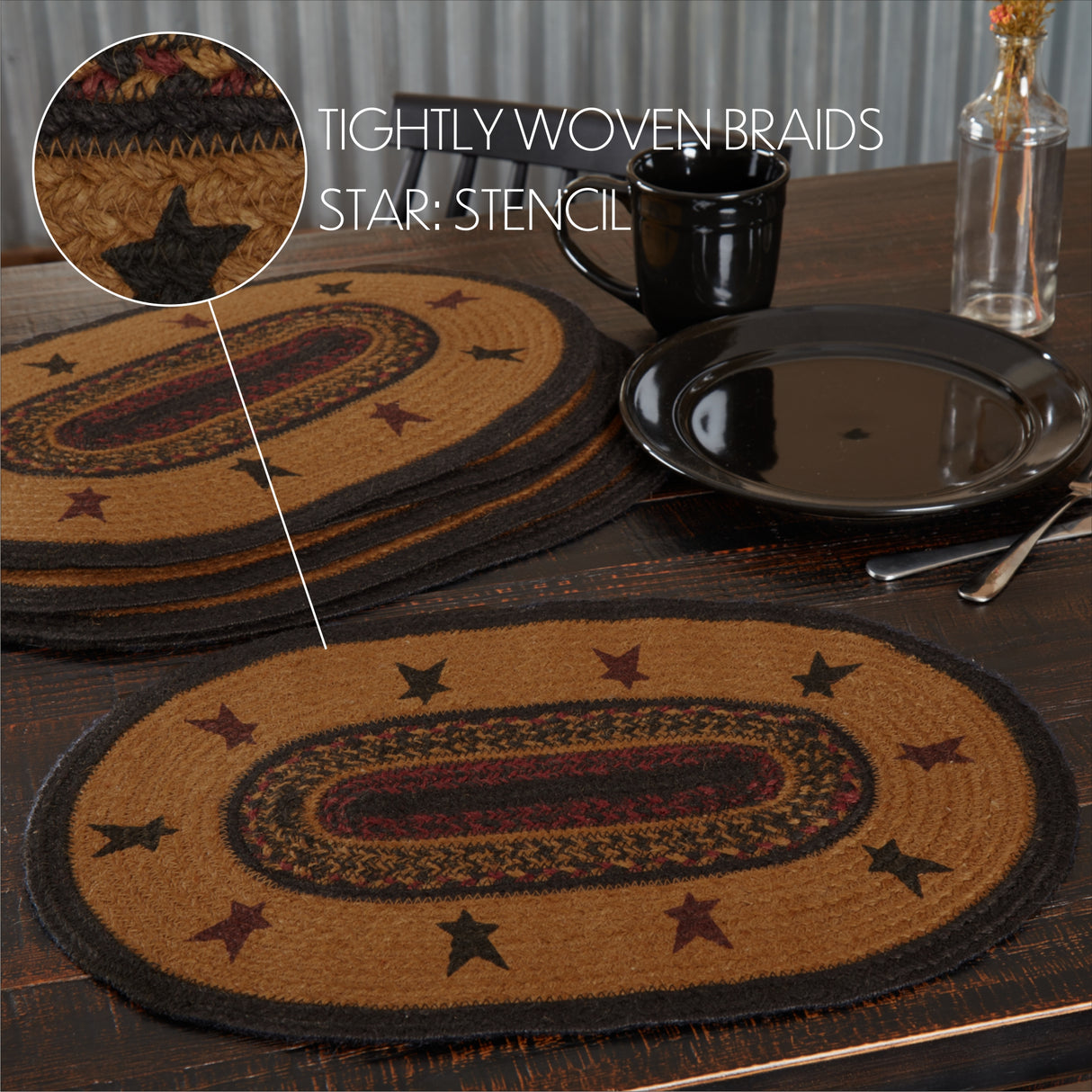Heritage Farms Primitive Star Yellow Stenciled Oval Jute Placemat Set of 6 12"x18", 12 Pack